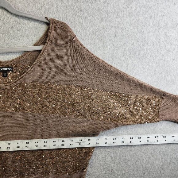 Express Sweater Womens Small Brown Striped Sequins Lightweight Pullover V Neck - Picture 7 of 13
